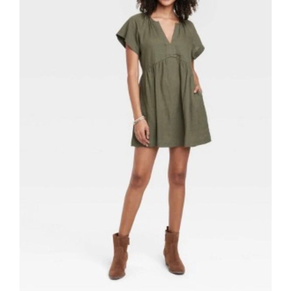 Universal Thread Short Sleeve Linen Mini Shift Dress in Olive Green Woman’s XXL